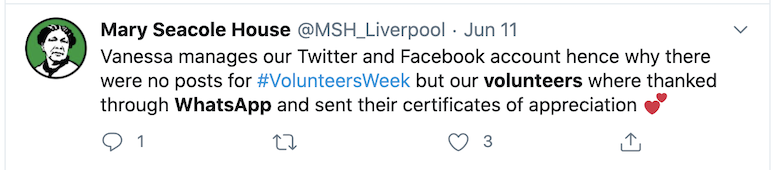 Tweet that is an example of using WhatsApp with or for volunteers
