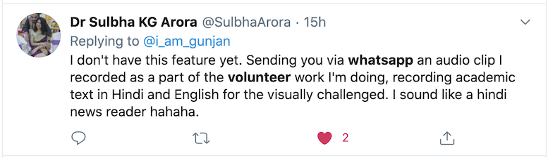 Tweet that is an example of using WhatsApp with or for volunteers