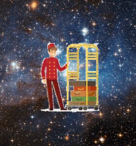 A cartoon bellhop drawing with space in the background