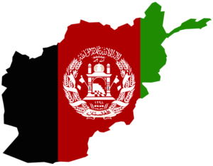 Outline of Afghanistan, with the country's flag as a background within the borders of the country