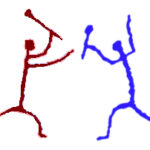 Two primitive figures are approaching each other with weapons, preparing to fight.