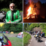 Four photos representing Eric and Gail Laws and their Burning Moto Man rally. One is of Eric, smiling at the camera, one is of the bonfire where the effigy of the moto man was burned, one is of people camping in a large field and one is of motorcycles stopping on the road during a ride.