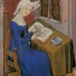 A drawing from medieval times. A woman sits at a desk writing. A small dog is at her feet.