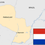 Map of Paraguay showing countries that border it, and the flag of Paraguay