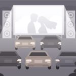 A drawing of cars at a drive in movie theater