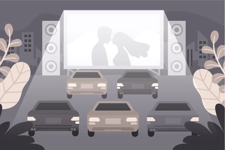 A drawing of cars at a drive in movie theater