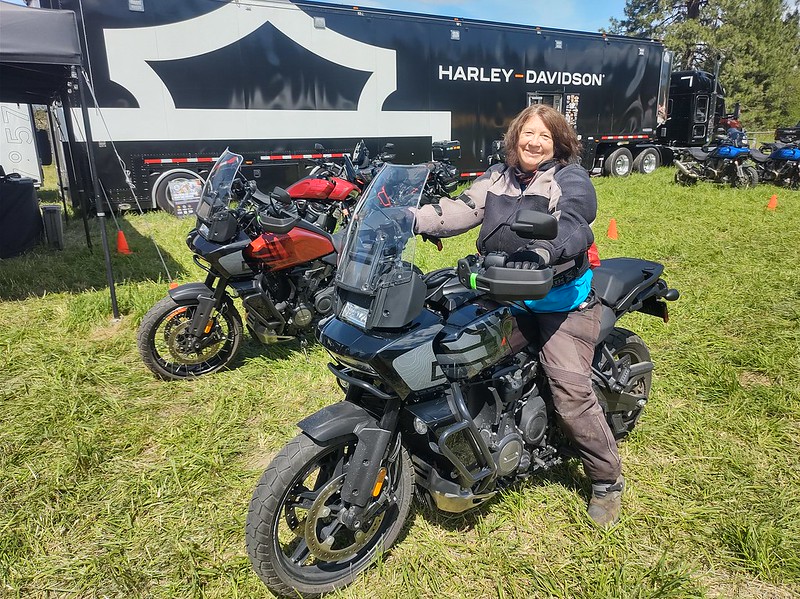 Jayne on a Pan American motorcycle