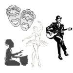 four images to represent the arts: Greek drama and comedy masks, a woman playing drums with her hands, a ballerina, a man with a guitar