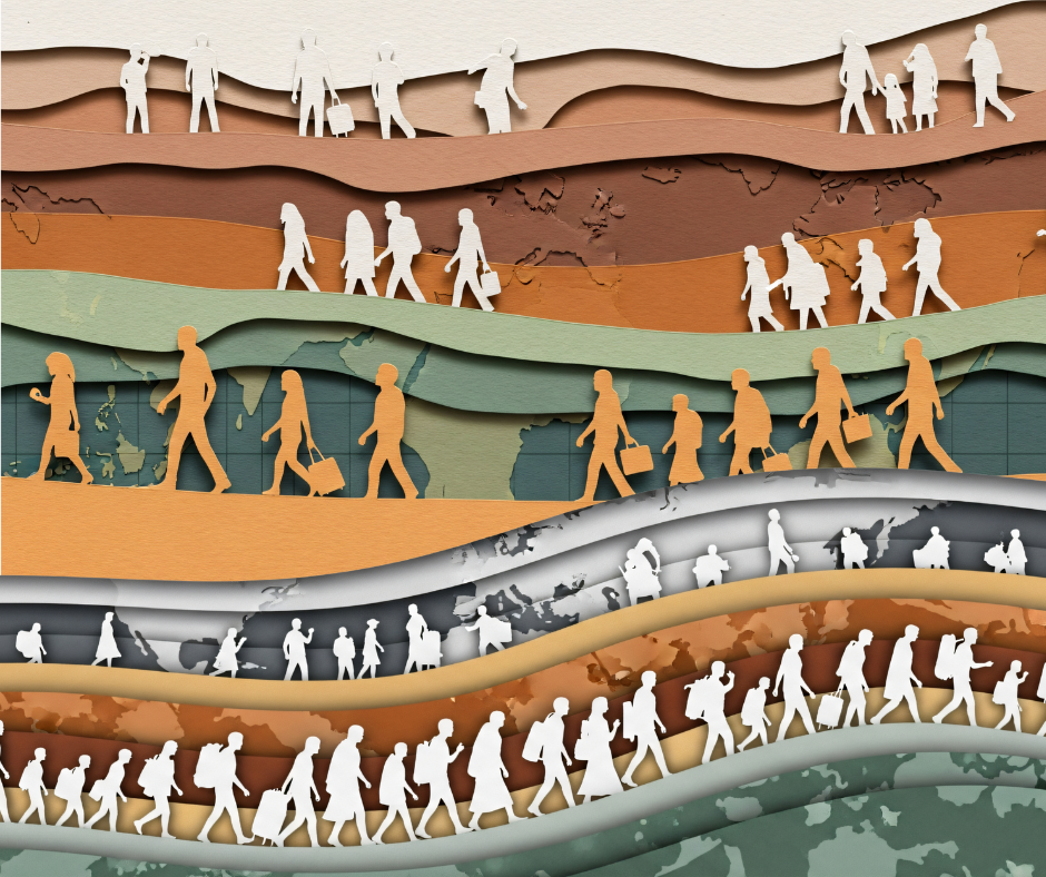 a drawing of many different streams of people on the move