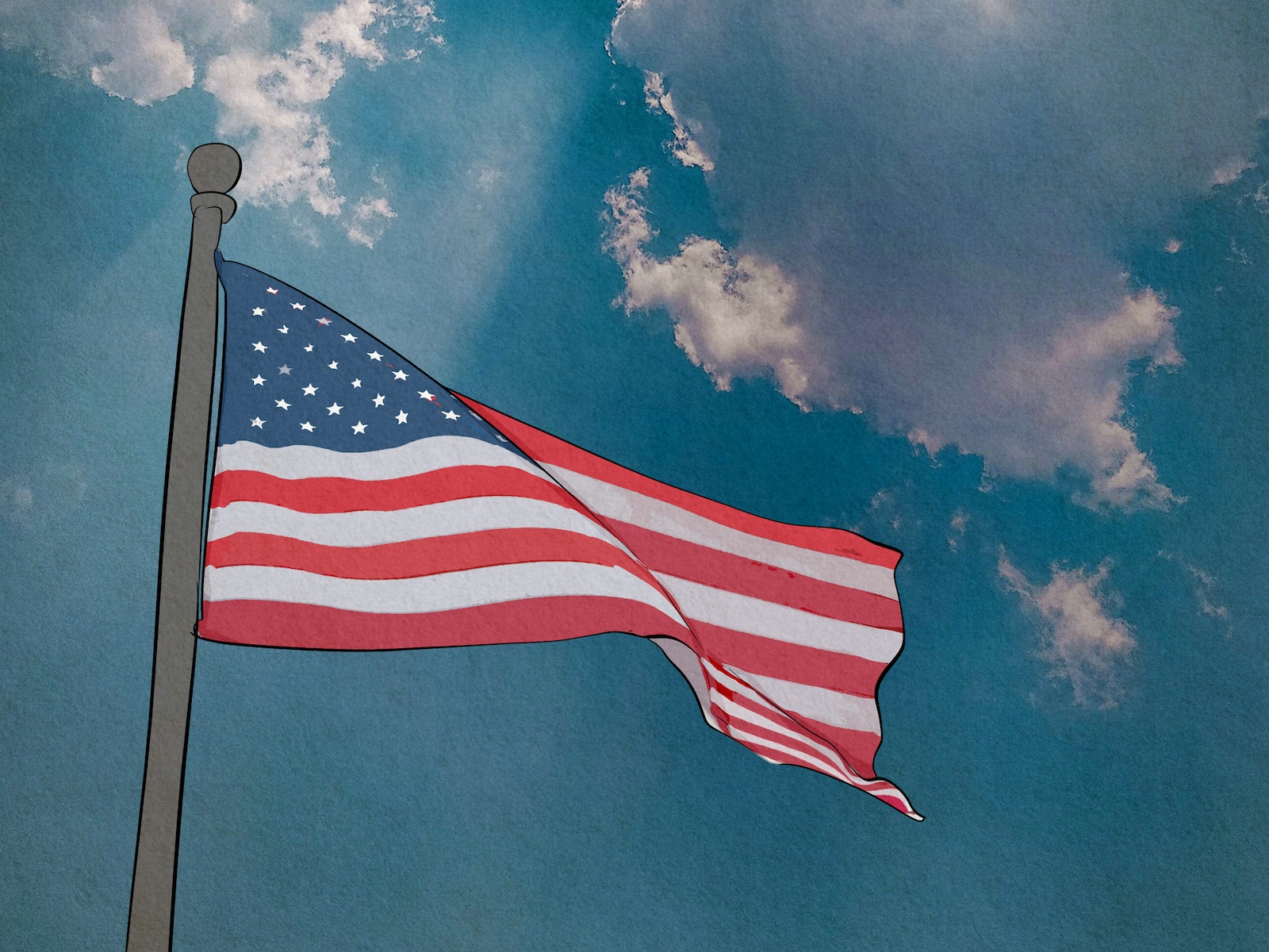 The US Flag flying against a blue sky with clouds.