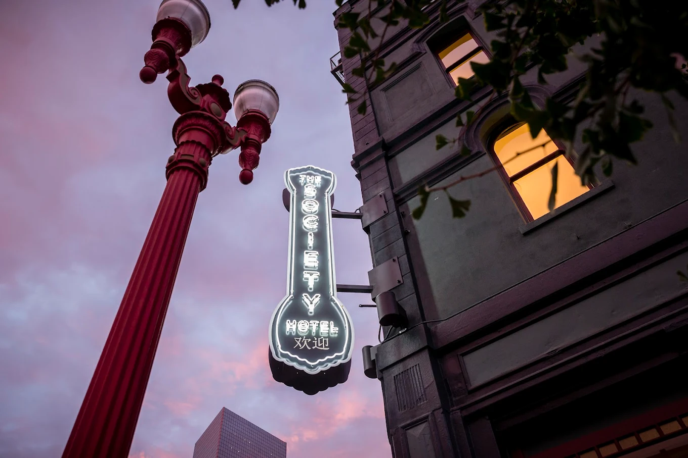 The outside of a building, shot from an angle to make it look like a noir film. The neon sign for The Society Hotel is lit against the sky.