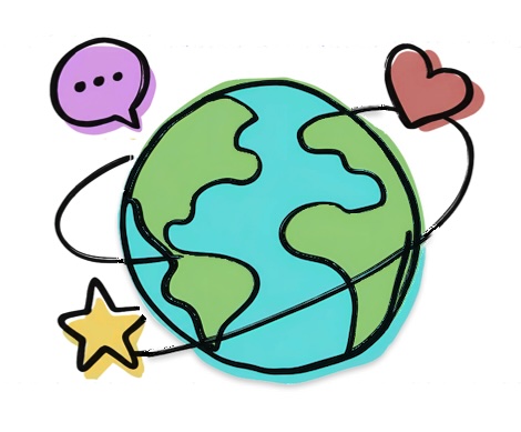 a drawing of the
        earth with a heart, a chat bubble and a star orbiting