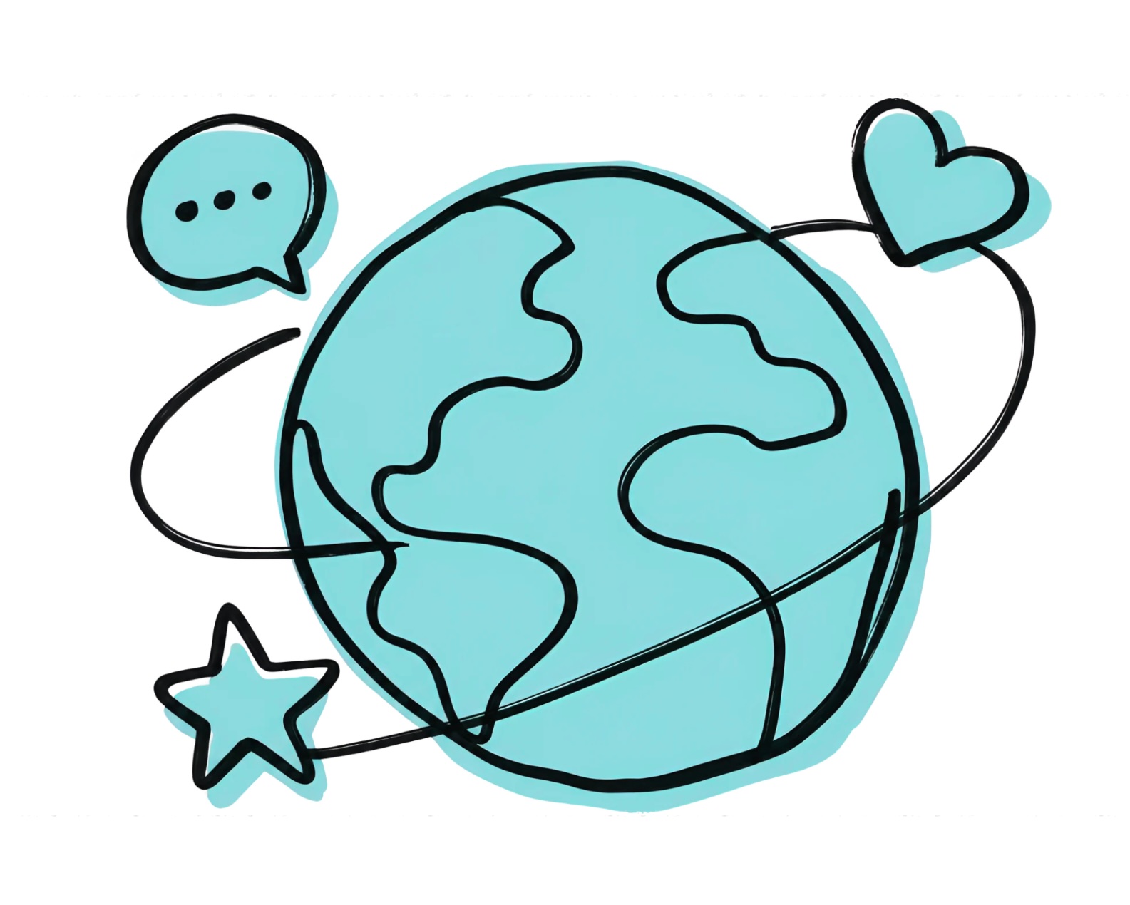a drawing of a blue earth
        with a heart, chat bubble and star orbiting