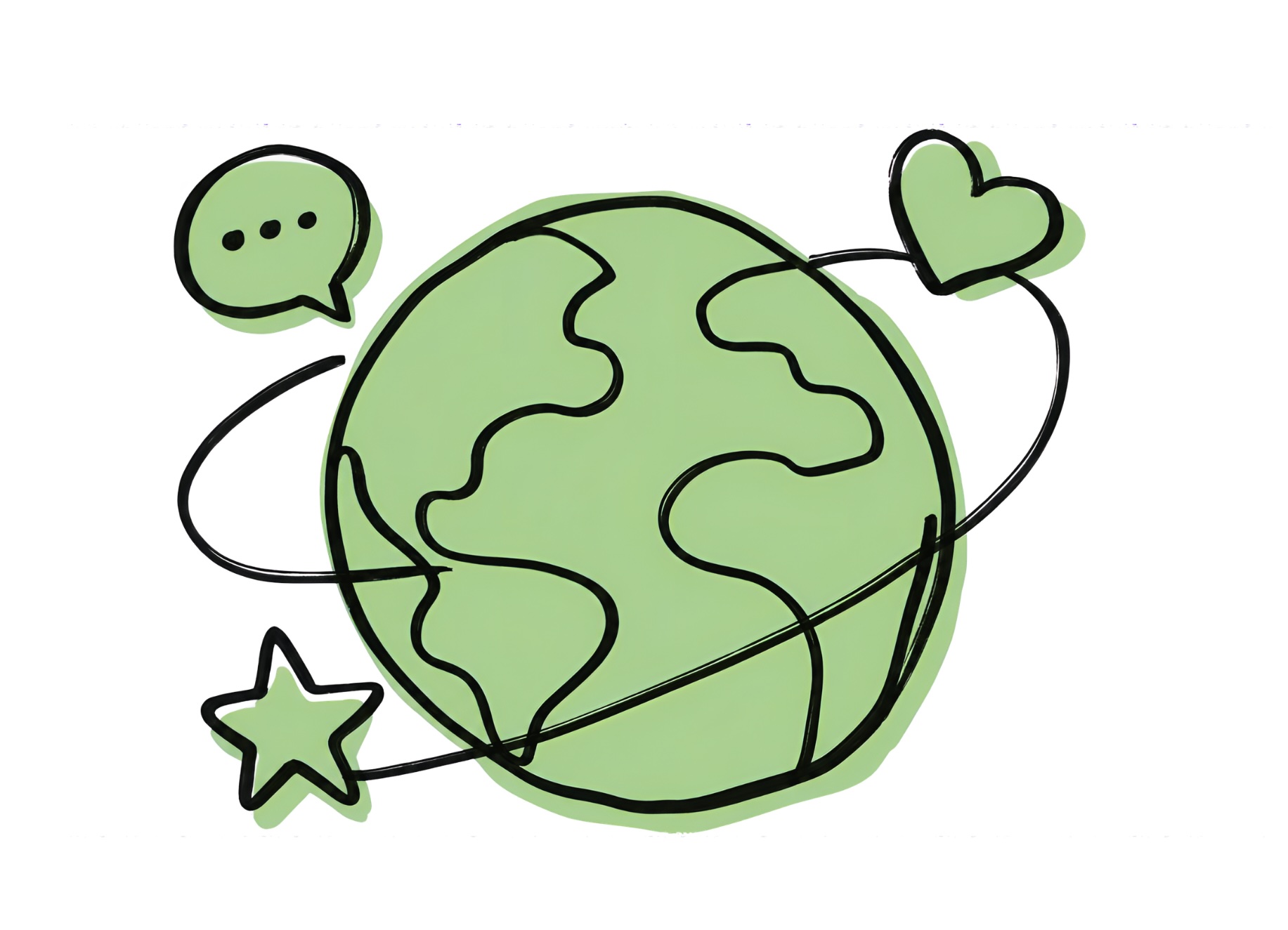 a drawing of a green earth
        with a heart, chat bubble and star orbiting