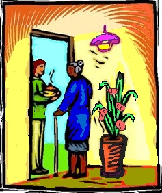 A colorful drawing of a person
          delivering a hot meal to an elderly woman in her home