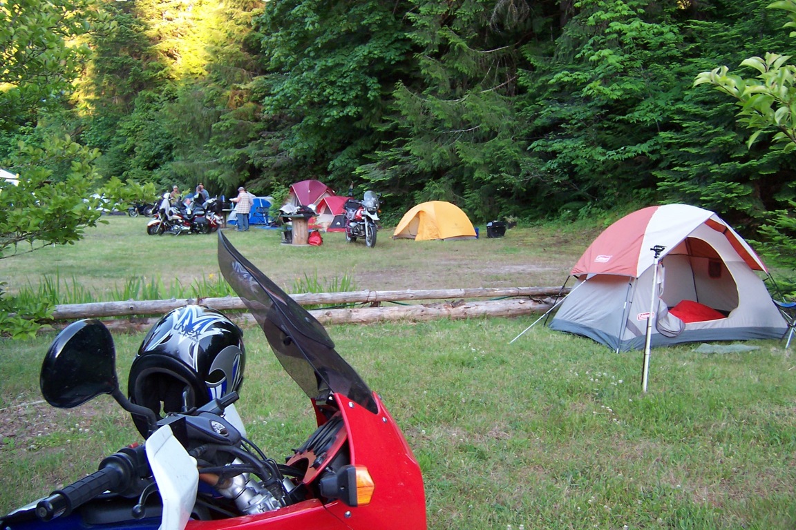 A field lined
        with trees and with camping tents in a line. A motorcycle is in
        the foreground.